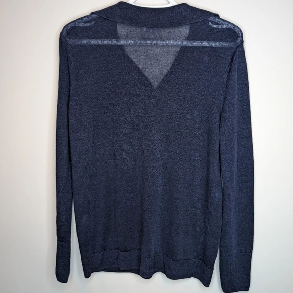 Chicos Navy  Blue Linen Blend V Neck Collared Thin Knit Top Woman Size 1 Medium - Picture 8 of 9